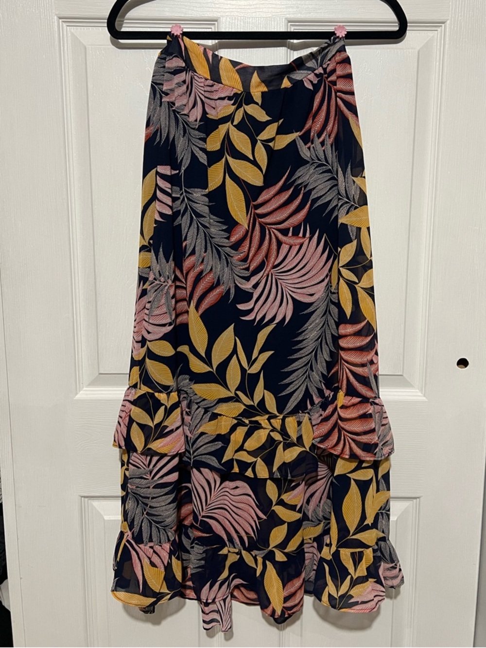 💗 Cure - Navy‎ Floral Tiered Midi Skirt with Pink & Mustard Leaves